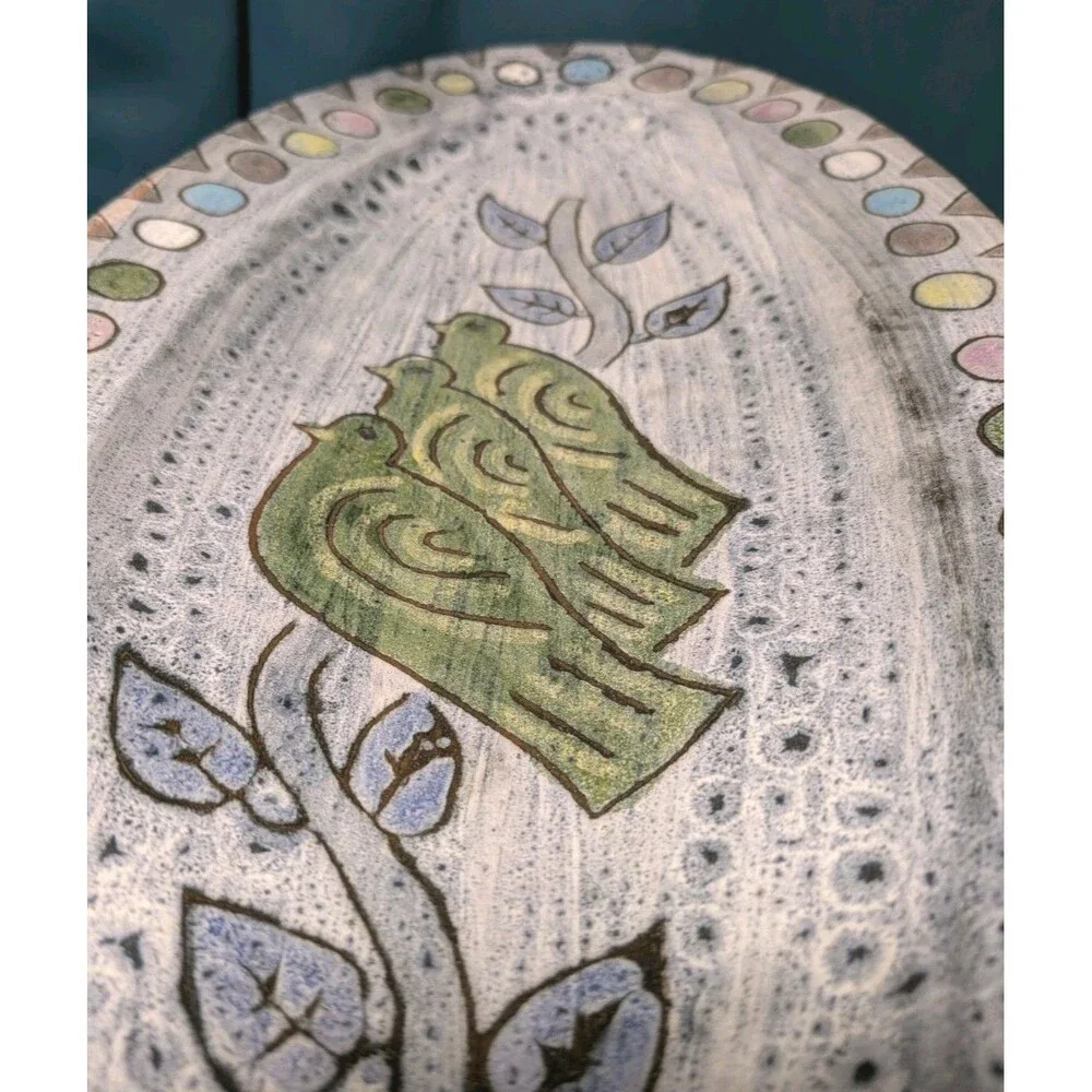 Pottery Plate Birds Serving Tray Table Centerpiece Hand Painted Spring Folk Art